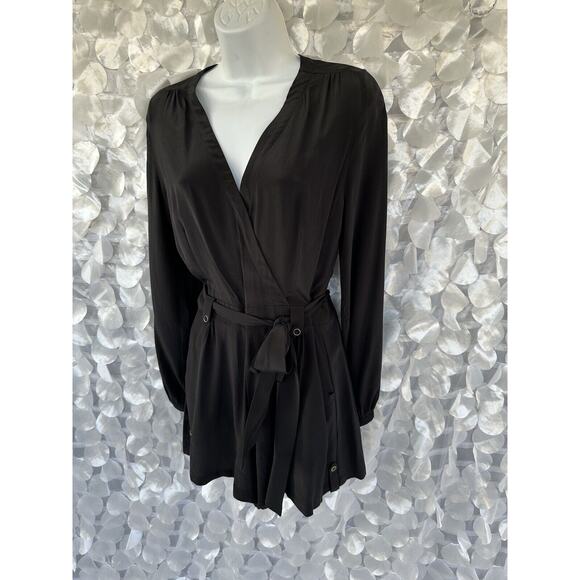 Yumi Kim 100% Silk Small Black Long Sleeve Romper V Neck Belted Low Cut - Picture 4 of 12